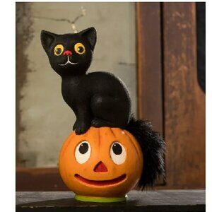 Bethany Lowe Halloween Vintage style seated Black Cat on Pumpkin